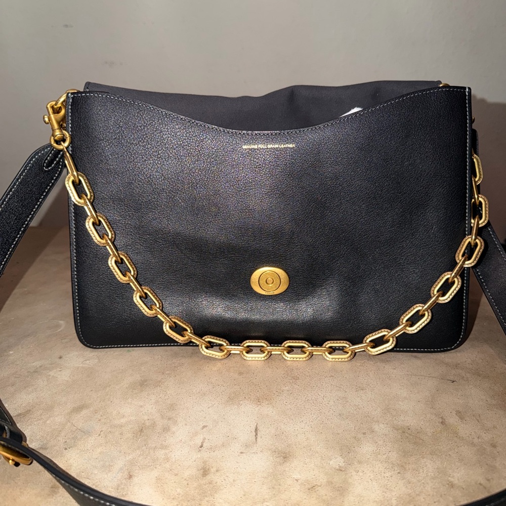 Coach Black Leather Shoulder Bag with Gold Hardware and Chain Accent - Picture 15 of 16